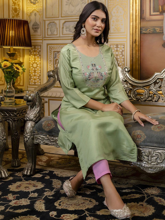 VredeVogel Floral Embroidered Round Neck Regular Sequinned Straight Kurta