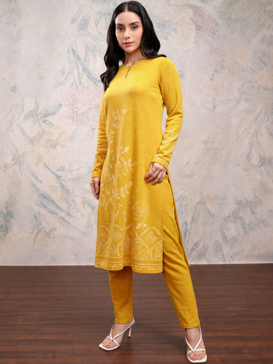 Vishudh Floral Printed Keyhole Neck Long Sleeves Straight Kurta with Trousers