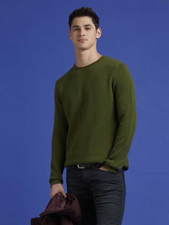 Pepe Jeans Men Self Design Cable Knit Round Neck Pullover Sweater