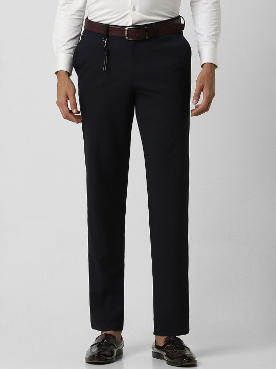 Van Heusen Men Navy Blue Slim Fit Mid-Rise Plain Trousers