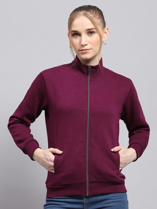 Monte Carlo Women Solid Mock Collar Front-Open Sweatshirt