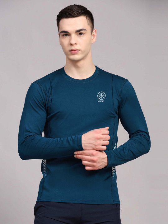 AUSK Men's Teal Floral Self Design Sports T-shirt