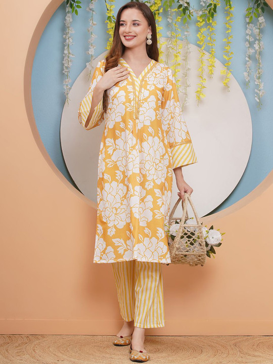 Bhama Couture Floral Printed V-Neck A-Line Kurta with Palazzos