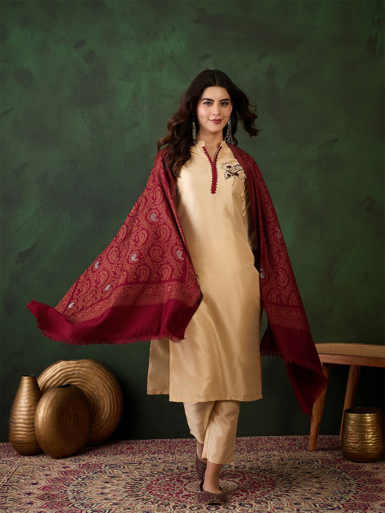 Sangria Ethnic Motifs Woven Design Winter Pashmina Stole