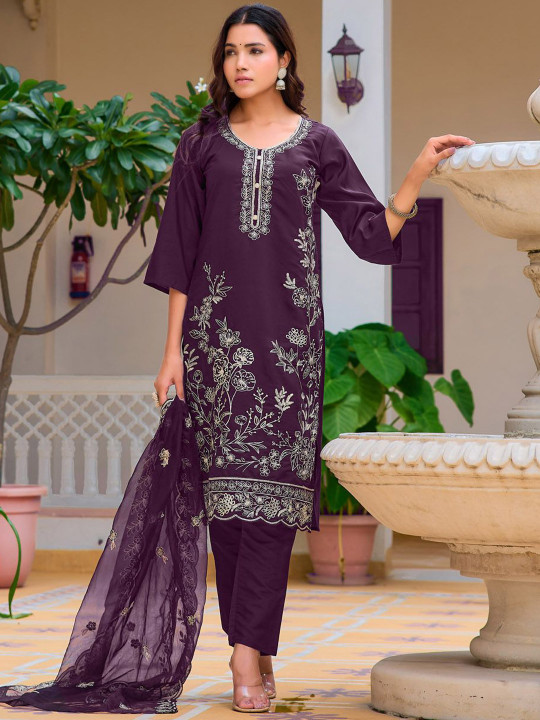 KALINI Floral Embroidered Chanderi Cotton Kurta With Trousers & Dupatta