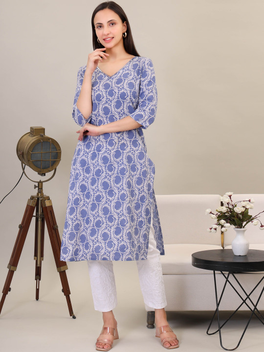 GRIVA Ethnic Motifs Printed Pure Cotton Straight Kurta With Trouser
