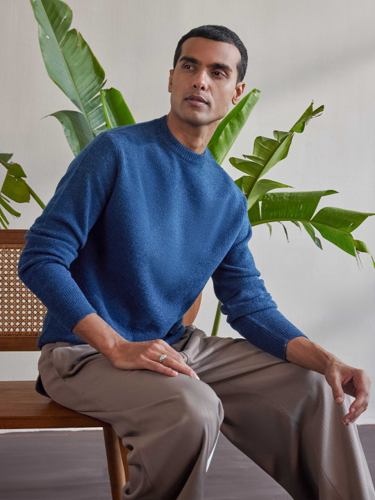 Mr Bowerbird Men Solid Liberal Fit Self Textured Valley Sweater
