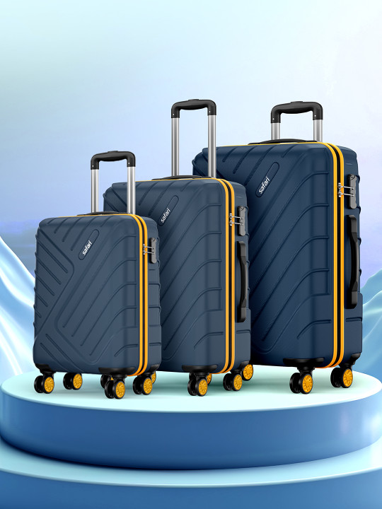 Safari Accent Blue Set of 3 Hard 8 Wheel Cabin Medium & Large Trolley Bag Suitcase