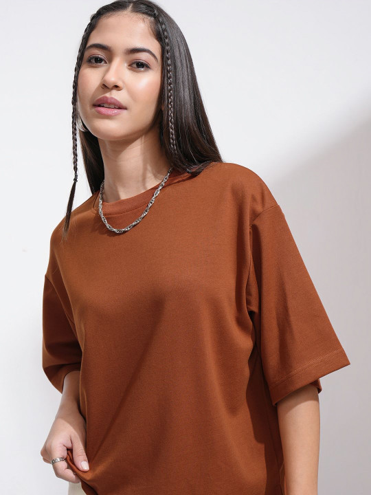 Street By Tokyo Talkies Women Solid Round Neck Cotton Relaxed Fit T-shirt