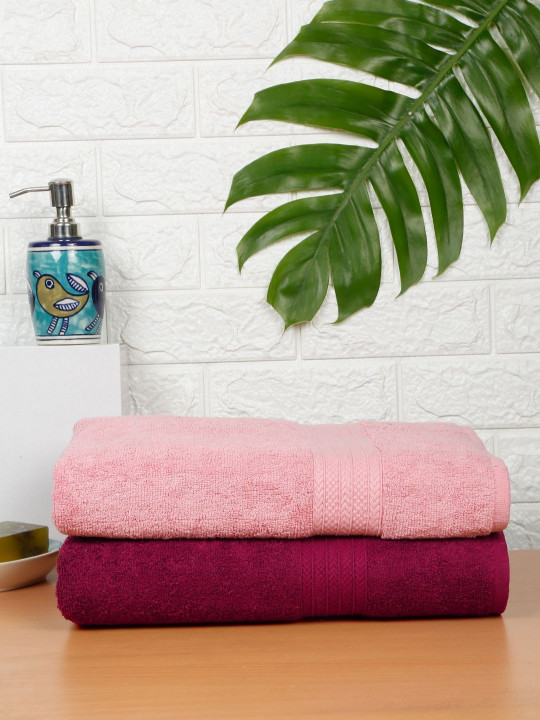 Creeva Burgundy & Pink 2 Pieces Cotton 550 GSM Bath Towels