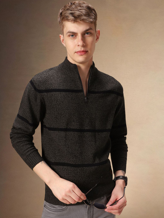 Dennis Lingo Men Striped Mock Collar Pullover Sweater