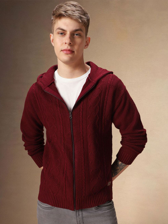 Dennis Lingo Men Acrylic Cable Knit Hooded Cardigan