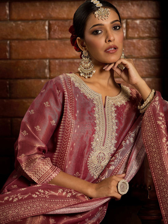 Indo Era Floral Zari Embroidered Straight Kurta with Trouser & Dupatta