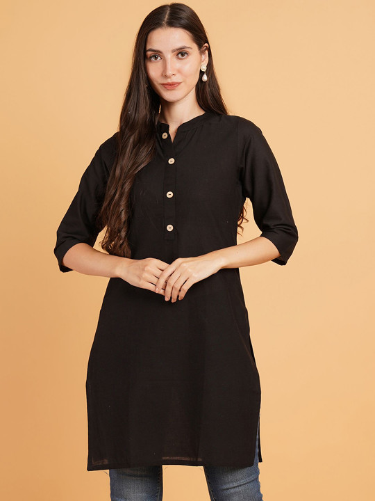 Brownverse Mandarin Collar Khadi Cotton Straight Kurta