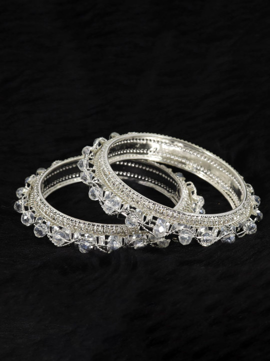 ZULKA Set Of 2 Silver-Plated Pearls Beaded & Stone Studded Bangles