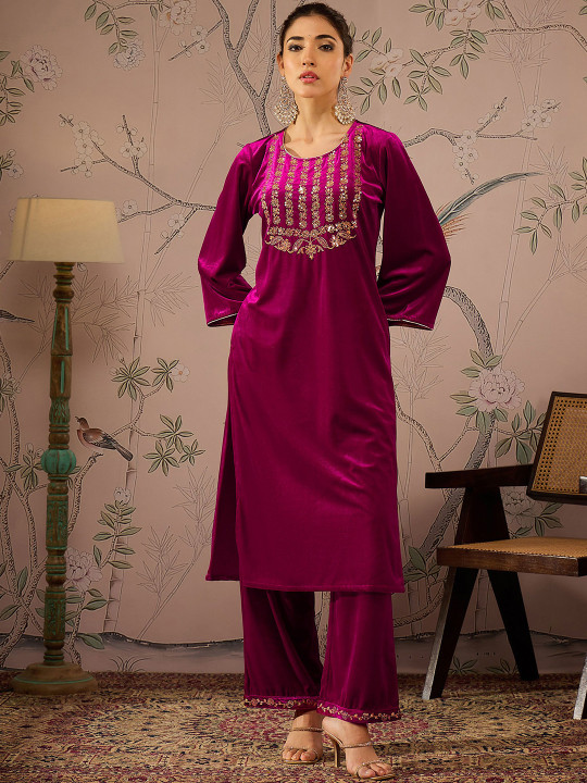 Shae by SASSAFRAS Floral Embroidered Round Neck Three-Quarter Sleeves Regular Velvet Kurta