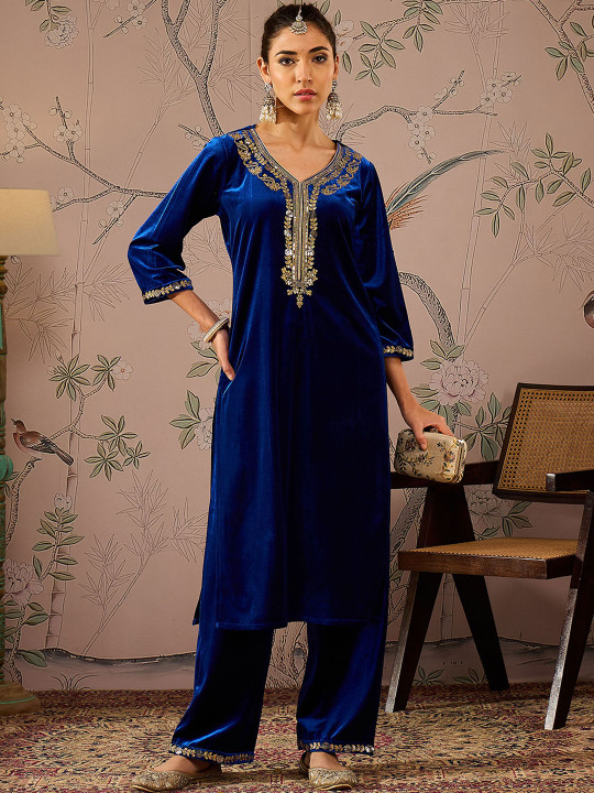 Shae by SASSAFRAS Floral Embroidered V-Neck Three-Quarter Sleeves Sequinned Velvet Kurta