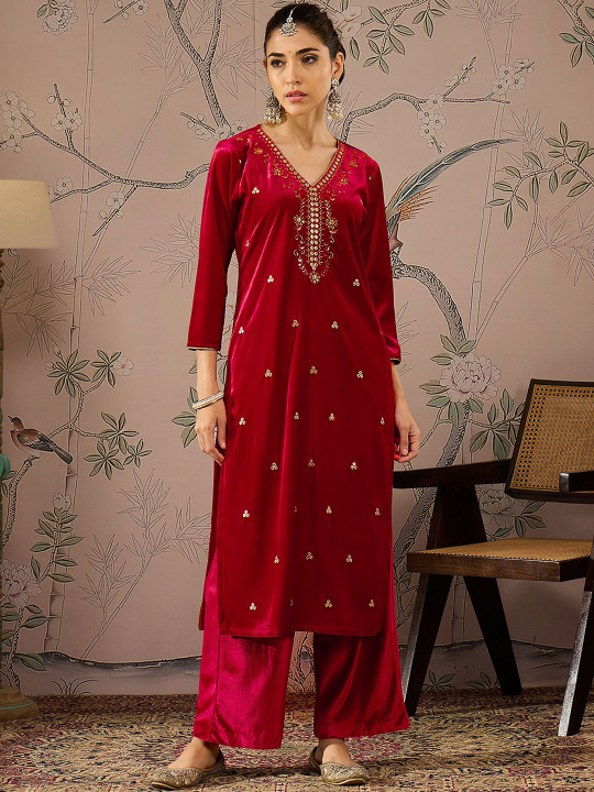 Shae by SASSAFRAS Floral Embroidered V-Neck Three-Quarter Sleeves Regular Velvet Kurta