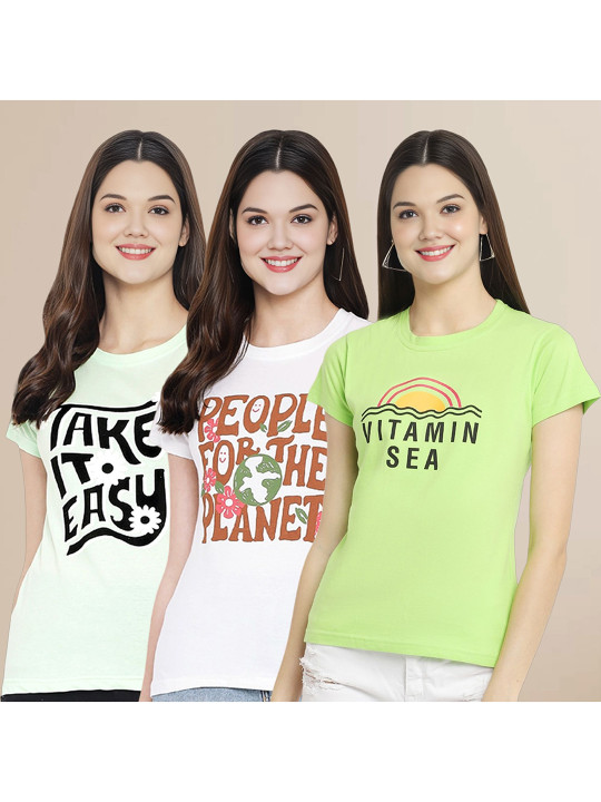 Metronaut Women Pack Of 3 Typography Printed Round Neck Cotton T-shirts