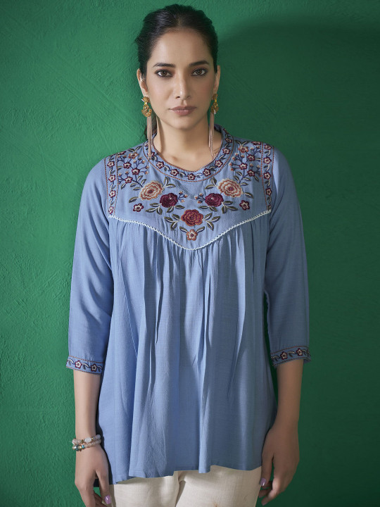 Anouk Blue and Red Floral Embroidered Thread Work Straight Kurta