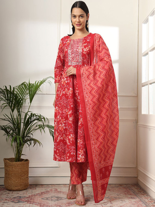 Yufta Red Floral Printed Regular Pure Cotton Anarkali Kurta With Trouser With Dupatta