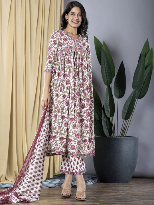 KALINI Floral Printed V-Neck Pure Cotton Anarkali Kurta With Trousers & Dupatta
