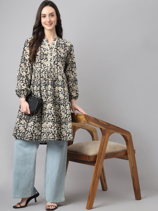 KALINI Women Floral Printed Mandarin Collar Puff Sleeve Cotton Tunic