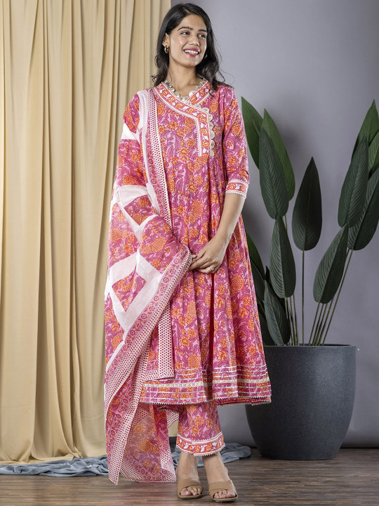 KALINI V-Neck Floral Printed Pure Cotton Anarkali Kurta with Trousers & Dupatta