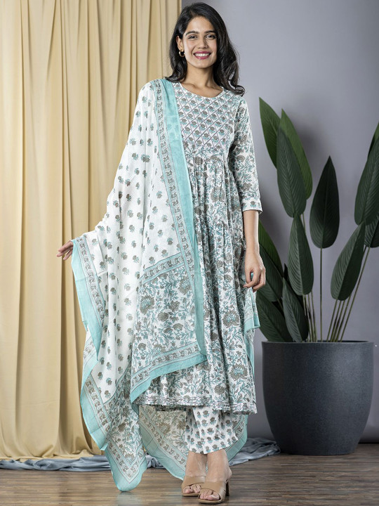 KALINI Floral Printed Empire Pure Cotton Kurta with Trouser & Dupatta