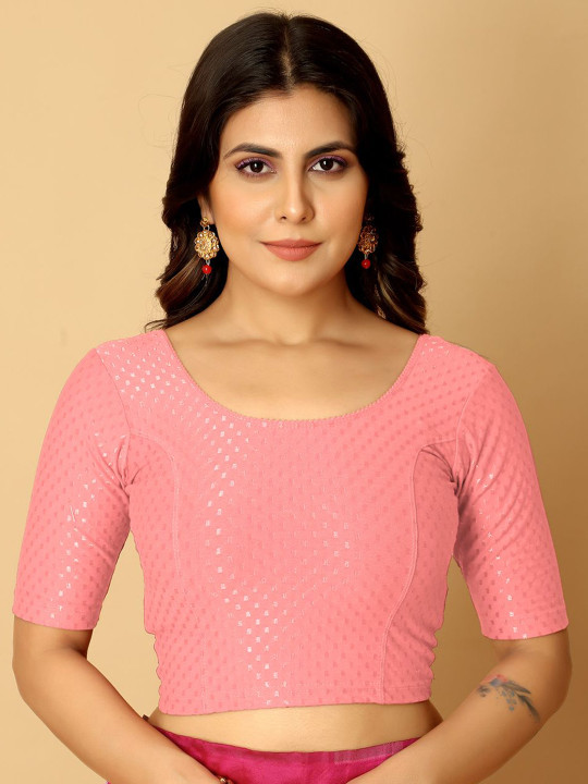 Jaanvi Woven Design Short Sleeves Round Neck Saree Blouse