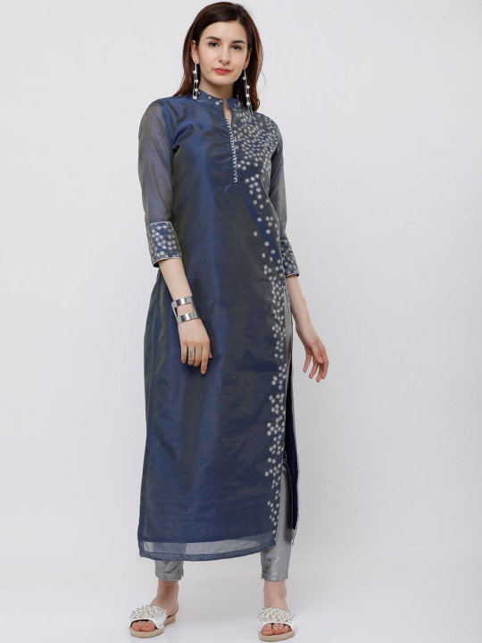 Vishudh Blue Floral Printed Mandarin Collar Chanderi Straight Republic Day Republic Day Kurta