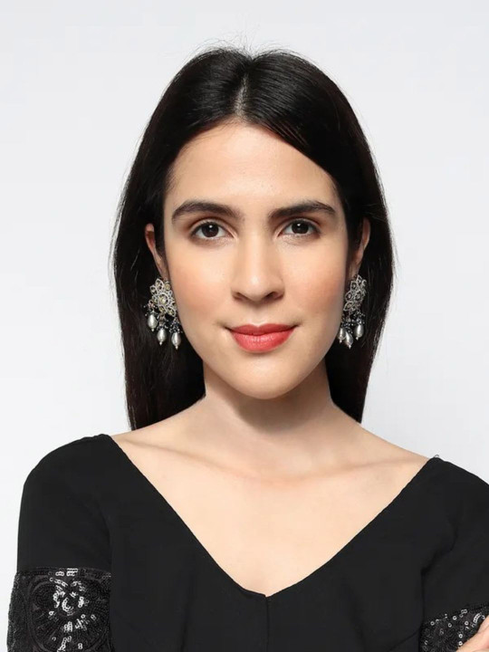 Runjhun Gold-Plated Contemporary CZ Stone Studded & Beaded Drop Earrings