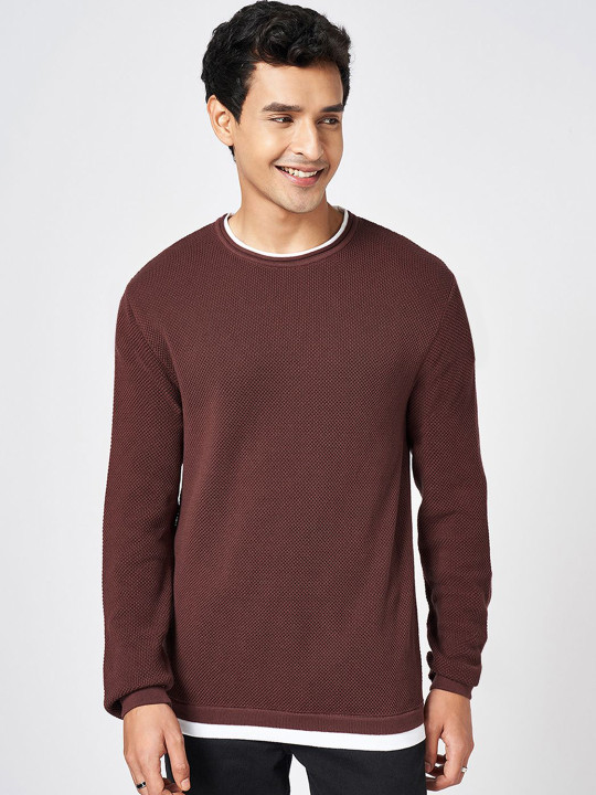 People Men Cotton Solid Round Neck Long Sleeves Pullover