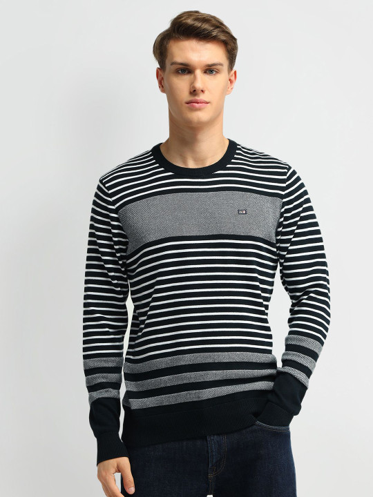 Arrow Sport Men Cotton Black and White Striped Round neck Full Sleeves Pullover