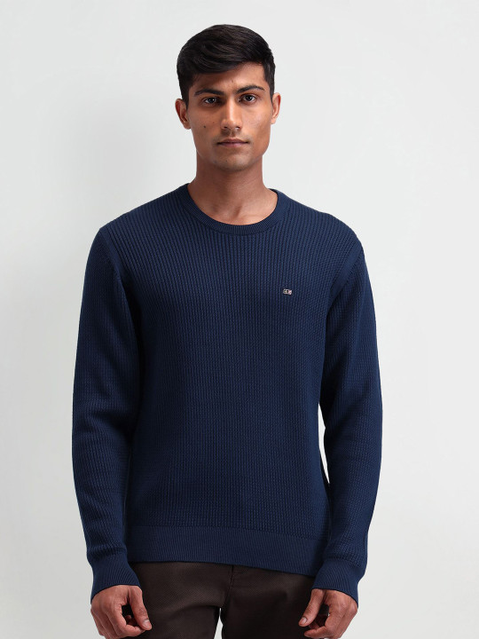 Arrow Sport Men Navy Blue Cotton Long Sleeves Round Neck Pullover