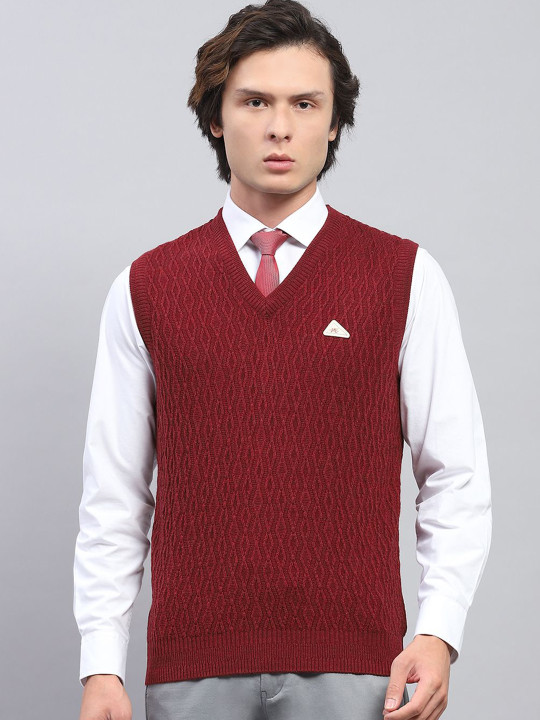 Monte Carlo Men Self Design V Neck Sleeveless Cable Knit Woollen Sweater Vest