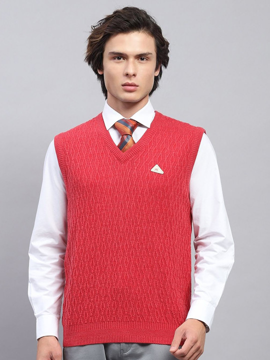 Monte Carlo Men Cable Knit Woollen Self Design V Neck Sleeveless Pullover