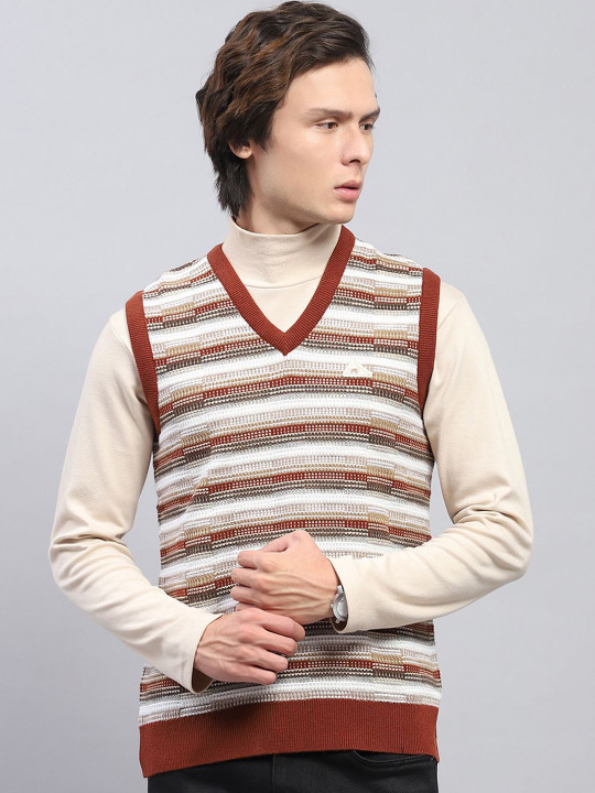 Monte Carlo Men Cable Knit Woollen Self Design V Neck Sleeveless Sweater Vest
