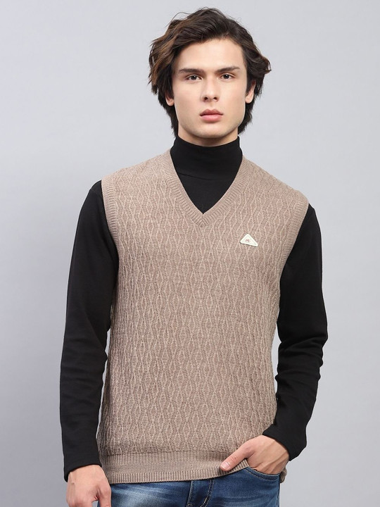 Monte Carlo Men Self Design Cable Knit Woollen Sweater Vest