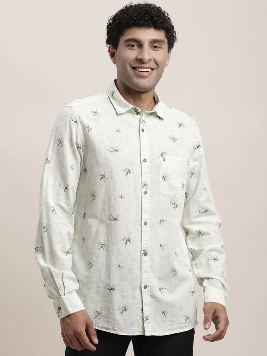 Turtle Men Relaxed Conversational Printed Cotton Linen Slim Fit Casual Shirt