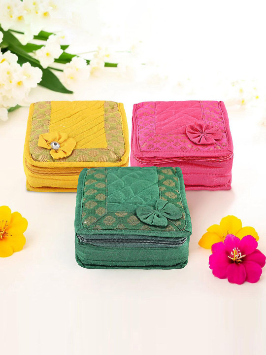 Kuber Industries Yellow & Pink 3 Pieces Printed Jewellery Organisers