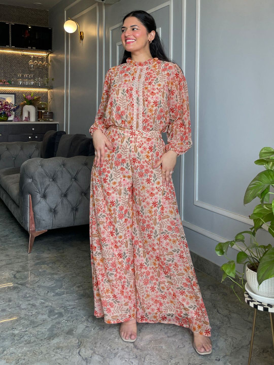 Janasya Women Beige Georgette Floral Regular Co-ord Set