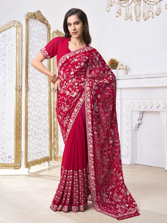 Inddus Floral Embroidered Sequinned Saree