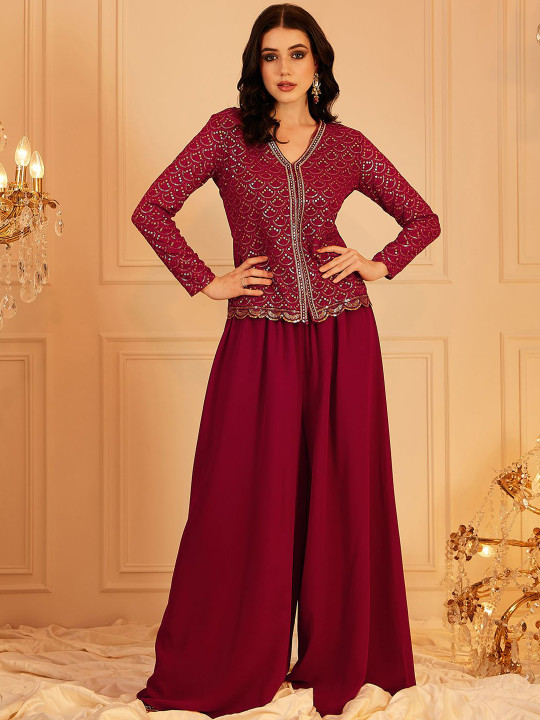 indo street Embordered Top With Palazoo Co-Ords