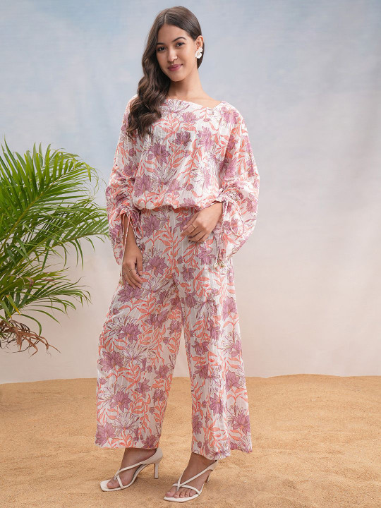 Vishudh Floral Printed Square Neck Pure Cotton Top With Palazzo