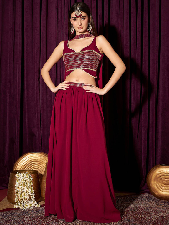 indo street Embroidered Sleeveless Crop Top & Skirt With Dupatta Co-Ords
