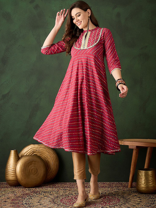 Sangria X fwd Gota Yoke Bandhani printed Pure Cotton Anarakali Kurta