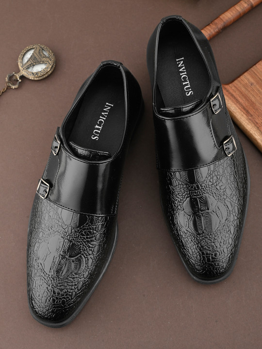 INVICTUS Men Double buckled Textured Monk Shoe