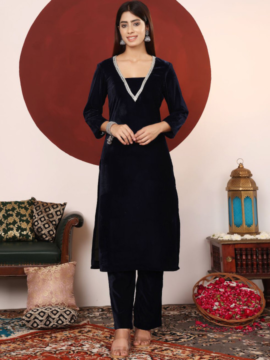 Varanga Women V Neck Zari Embroidered Velvet Kurta with Trouser