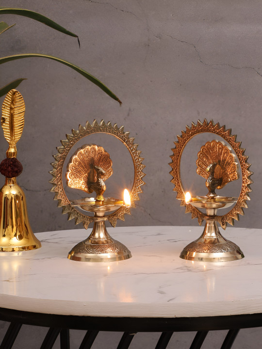 Amaya Decors Peacock Brass 2 Piece Easy to Clean Diwali Diyas